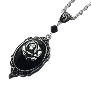 SILVER & BLACK ROSE PENDENT EMBOSSED CRYSTAL